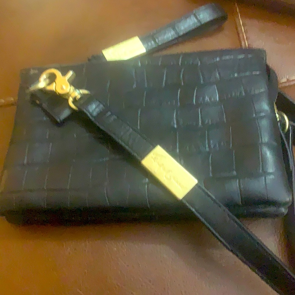 Foley + Corinna crossbody wristlet in croc embossed black leather